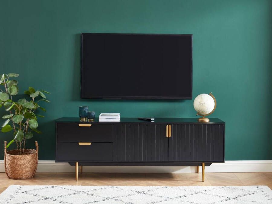 TV-meubel 2 deuren en 2 laden MDF en metaal Zwart en goud LIKANA L 160 cm x H 57 cm x D 43.5 cm - Foto 1
