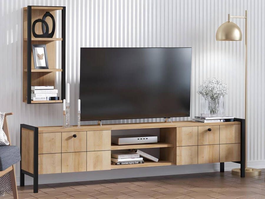 Vente-unique TV meubel 2 deuren en 2 nissen Naturelkeur en zwart PAMINA L 180 cm x H 45 cm x D 34 cm - Foto 2