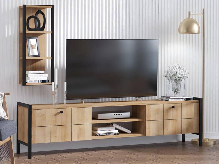 TV meubel 2 deuren en 2 nissen Naturelkeur en zwart PAMINA L 180 cm x H 45 cm x D 34 cm