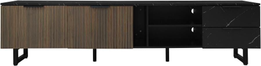 GOTAGEE TV-meubel 200cm met zwarte marmerlook donkere houtnerfdeuren verstelbare LED-verlichting twee deuren en twee lades