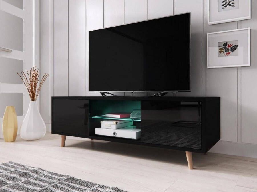 TV Meubel Hoogglans Zwart – Zwarte Scandinavisch Design TVmeubel – TV Kast Zwart inclusief Ledverlichting