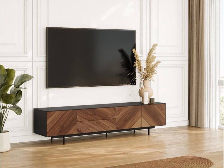 Tv-meubel ISMAEL 3 deuren en 2 lades MDF Fineer noten en zwart L 200 cm x H 51 cm x D 41 cm