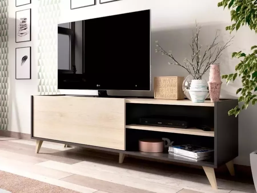Merkloos NESS TV-meubel 1 klep 2 nissen Grafiet en eiken decor L 155 x D 43 x H 47 cm - Foto 4