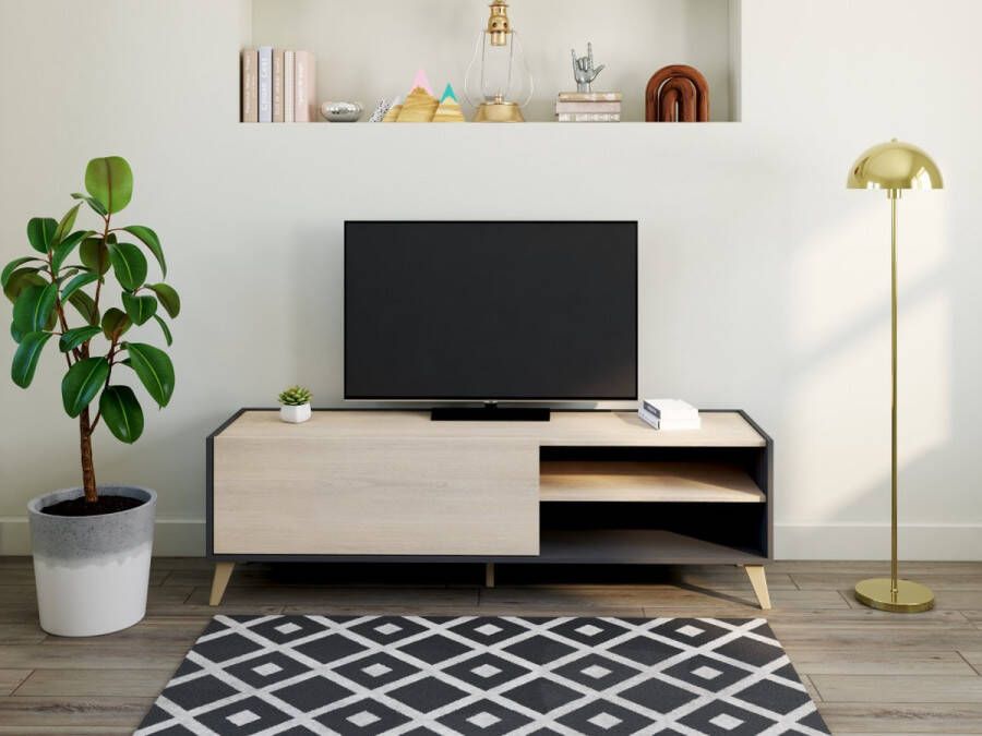 Merkloos NESS TV-meubel 1 klep 2 nissen Grafiet en eiken decor L 155 x D 43 x H 47 cm - Foto 2