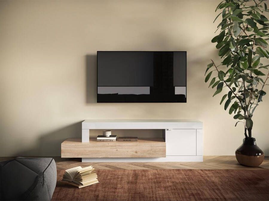 Vente-unique Tv-meubel met 1 deur 1 lade en 1 opbergvak– Lichte houtlook en wit – RUSELO L 158.4 cm x H 48.2 cm x D 41.4 cm - Foto 2