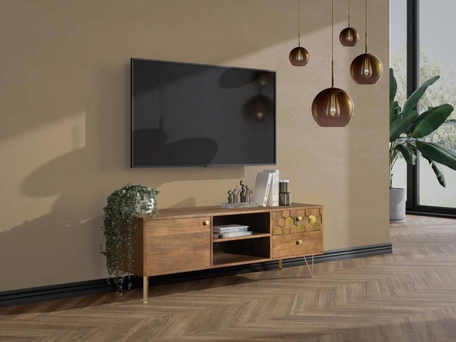 Vente-unique Tv-meubel met 1 deurtje 2 lades en 2 vakken in mangohout en metaal Donkere houtlook en goudkleurig BELORI L 130 cm x H 50 cm x D 40 cm - Foto 3