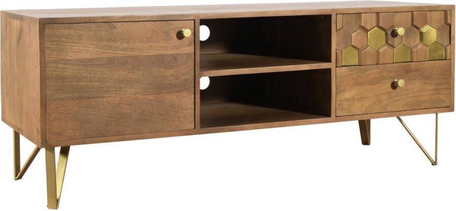 Vente-unique Tv-meubel met 1 deurtje 2 lades en 2 vakken in mangohout en metaal Donkere houtlook en goudkleurig BELORI L 130 cm x H 50 cm x D 40 cm