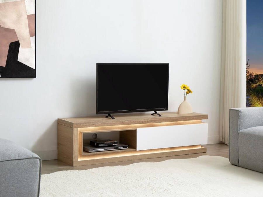 Vente-unique Tv-meubel met 1 lade en 1 nis met ledverlichting van mdf Naturel en wit gelakt FLARANCIA L 160 cm x H 42 cm x D 40 cm