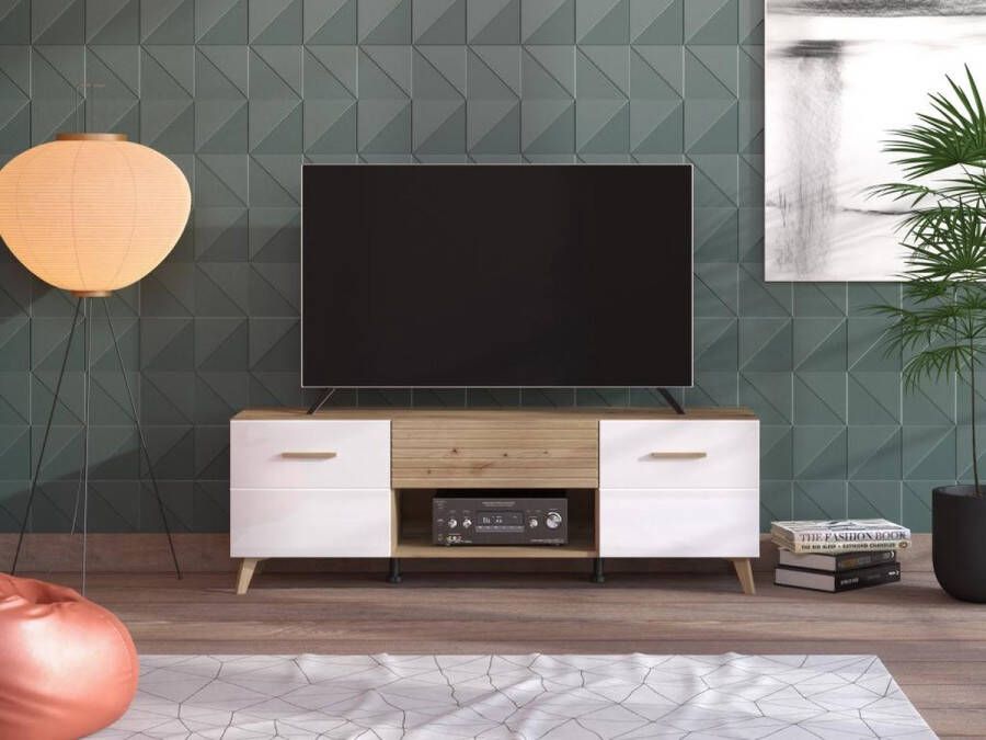 Tv-meubel met 2 deuren 1 lade en 1 nis van mdf Licht naturel en wit EZGI L 147.4 cm x H 48.9 cm x D 41.6 cm