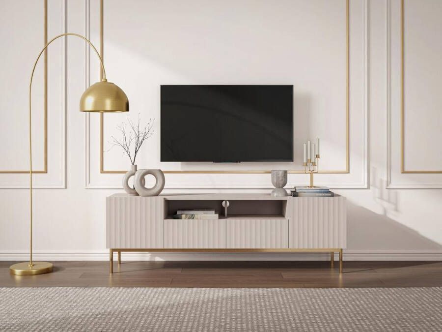 Vente-unique Tv-meubel met 2 deuren 2 laden en 2 nissen van mdf en staal Beige en goudkleurig EVILANA L 190 cm x H 60.6 cm x D 45 cm