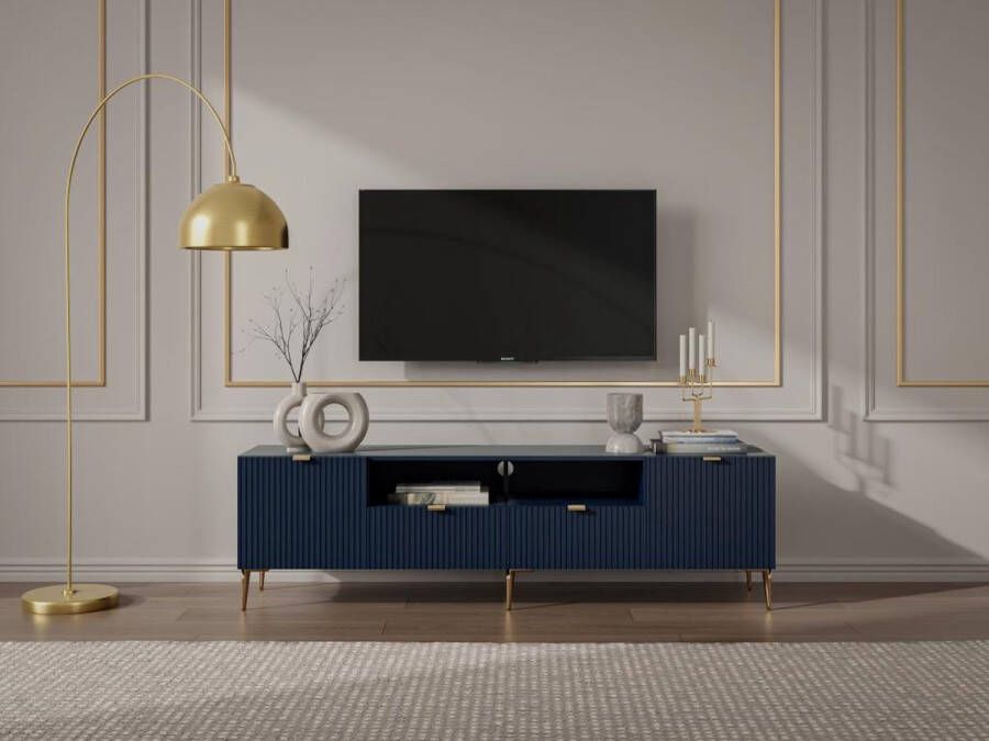 Tv-meubel met 2 deuren 2 laden en 2 nissen van mdf en staal Blauw en goudkleurig YESINIA L 190 cm x H 55 cm x D 45 cm - Foto 2