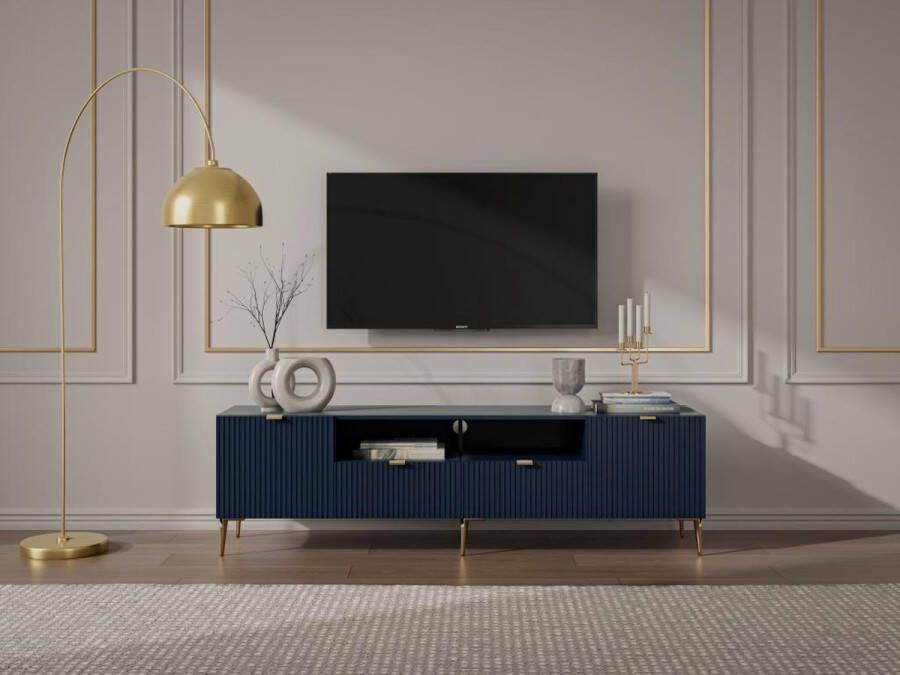 Vente-unique Tv-meubel met 2 deuren 2 laden en 2 nissen van mdf en staal Blauw en goudkleurig YESINIA L 190 cm x H 55 cm x D 45 cm - Foto 2