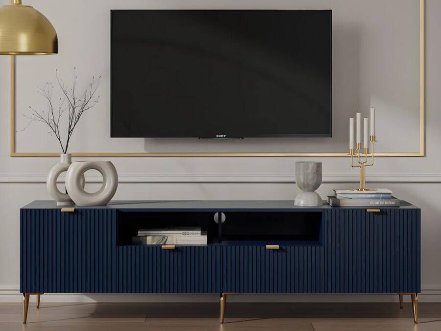 Tv-meubel met 2 deuren 2 laden en 2 nissen van mdf en staal Blauw en goudkleurig YESINIA L 190 cm x H 55 cm x D 45 cm