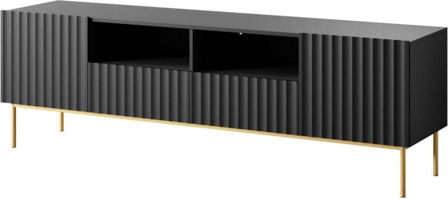 Tv-meubel met 2 deuren 2 laden en 2 nissen van mdf en staal Zwart en goudkleurig EVILANA L 190 cm x H 60.6 cm x D 45 cm - Foto 3