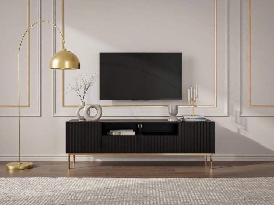 Tv-meubel met 2 deuren 2 laden en 2 nissen van mdf en staal Zwart en goudkleurig EVILANA L 190 cm x H 60.6 cm x D 45 cm