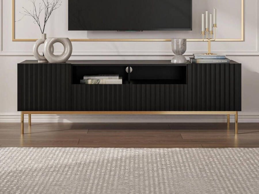 Tv-meubel met 2 deuren 2 laden en 2 nissen van mdf en staal Zwart en goudkleurig EVILANA L 190 cm x H 60.6 cm x D 45 cm
