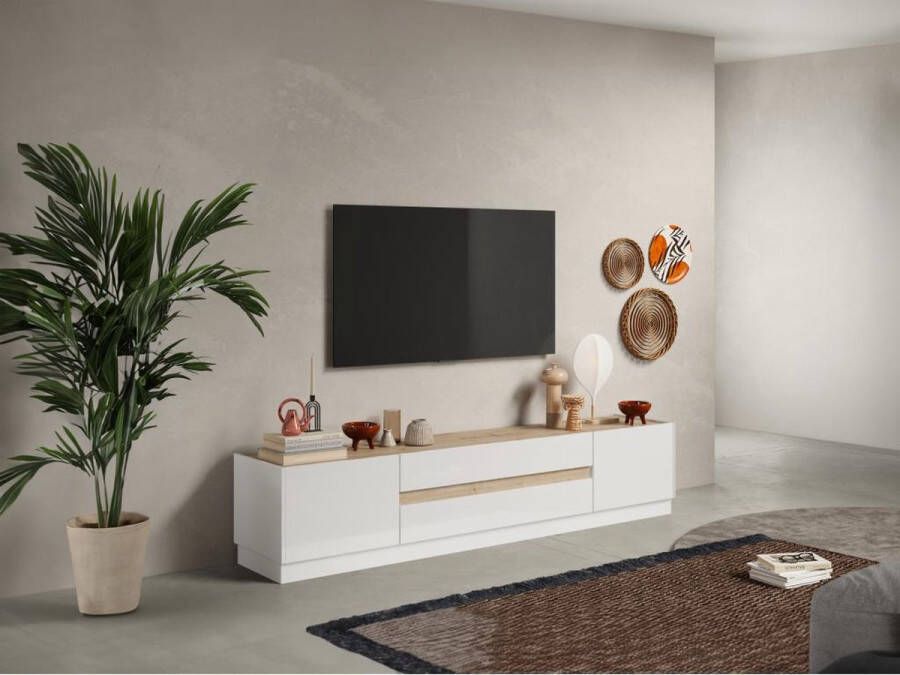 Vente-unique Tv-meubel met 2 deuren en 2 lades Naturel en wit gelakt EMORA L 204.7 cm x H 43.2 cm x D 39.8 cm - Foto 2