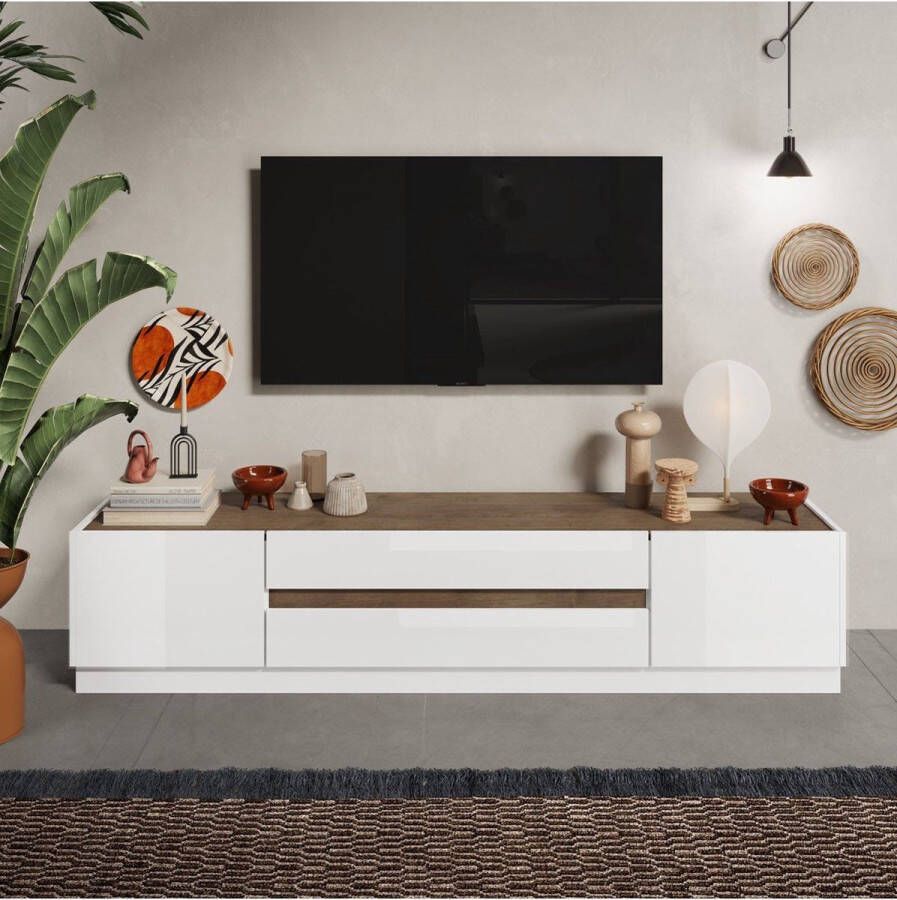 Tv-meubel met 2 deuren en 2 lades Naturel en wit gelakt EMORA L 204.7 cm x H 43.2 cm x D 39.8 cm