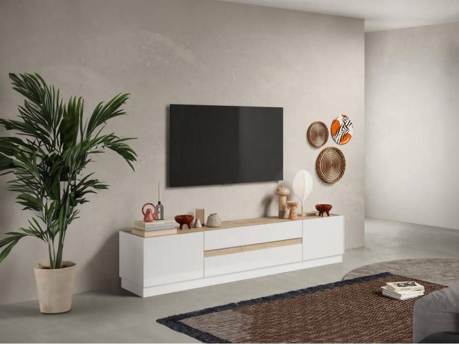 Tv-meubel met 2 deuren en 2 lades Naturel en wit gelakt EMORA L 204.7 cm x H 43.2 cm x D 39.8 cm