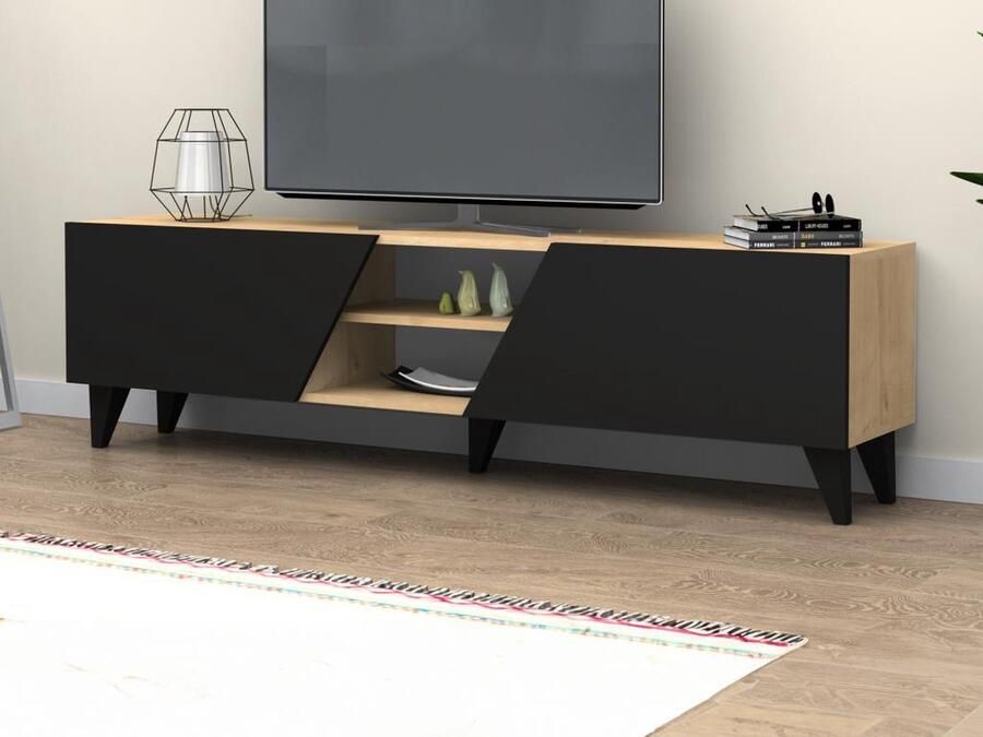 Tv-meubel met 2 deuren en 2 nissen Zwart en naturel VELANIA L 180 cm x H 47 cm x D 35 cm