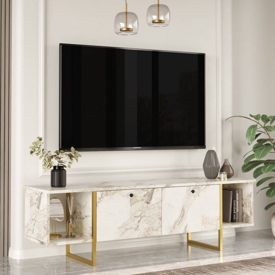 Tv-meubel met 2 deuren en 2 planken Wit marmereffect en goudkleurig DERANA L 160 cm x H 47.6 cm x D 40 cm