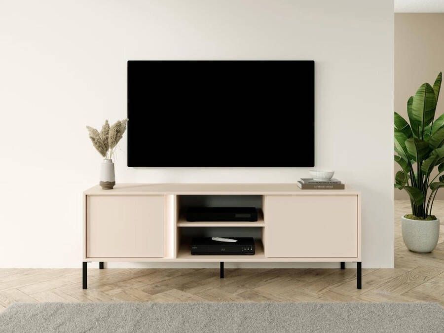 Tv-meubel 2 deuren en 2 vakken met ledlampjes Beige ELYNIA L 153.1 cm x H 53.4 cm x D 39.5 cm