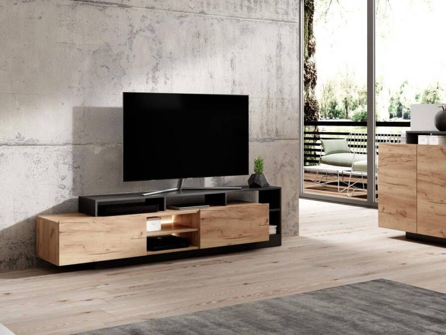 Vente-unique Tv-meubel met 2 deuren en 6 nissen met ledverlichting Licht naturel en antraciet IDESIA L 192.4 cm x H 47.8 cm x D 43.6 cm - Foto 2