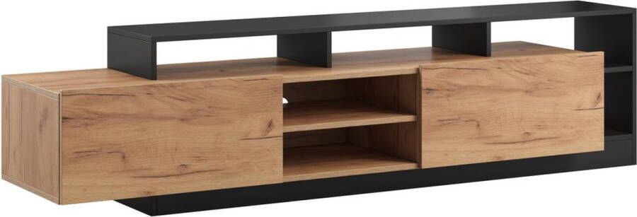 Vente-unique Tv-meubel met 2 deuren en 6 nissen met ledverlichting Licht naturel en antraciet IDESIA L 192.4 cm x H 47.8 cm x D 43.6 cm