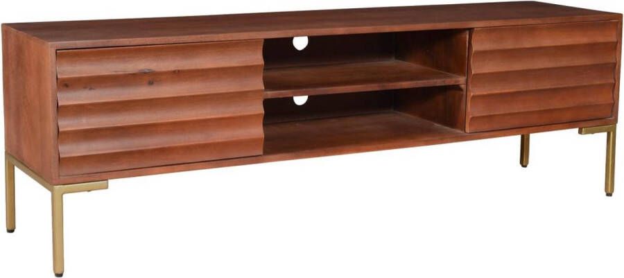 Vente-unique Tv-meubel met 2 deurtjes en 2 vakken in mangohout en goudkleurig metaal Donkere houtlook MAODISA L 160 cm x H 49.5 cm x D 40 cm - Foto 3