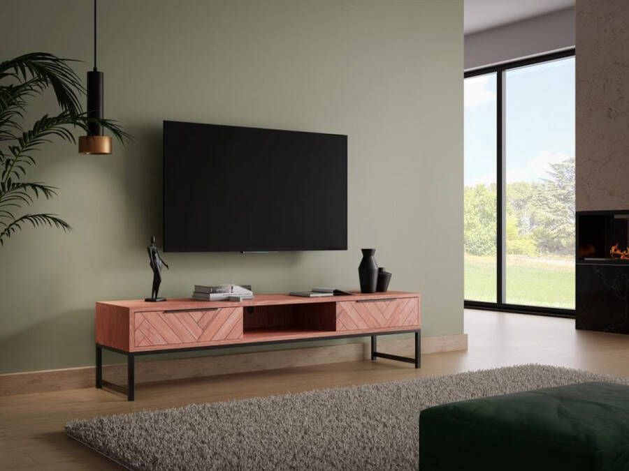 Vente-unique Tv-meubel met 2 lades en 1 vak in acaciahout en metaal Donkere houtlook en zwart VEDILA L 165 cm x H 45 cm x D 40 cm - Foto 3