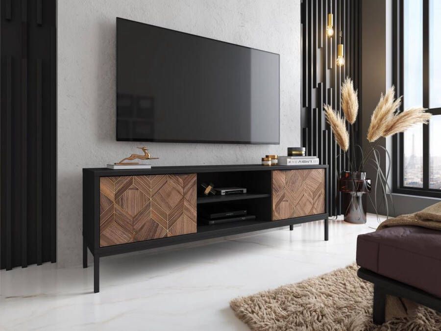 Tv-meubel met 2 lades en 2 nissen Zwart en donker naturel MIALINE L 160 cm x H 56 cm x D 39.6 cm - Foto 2