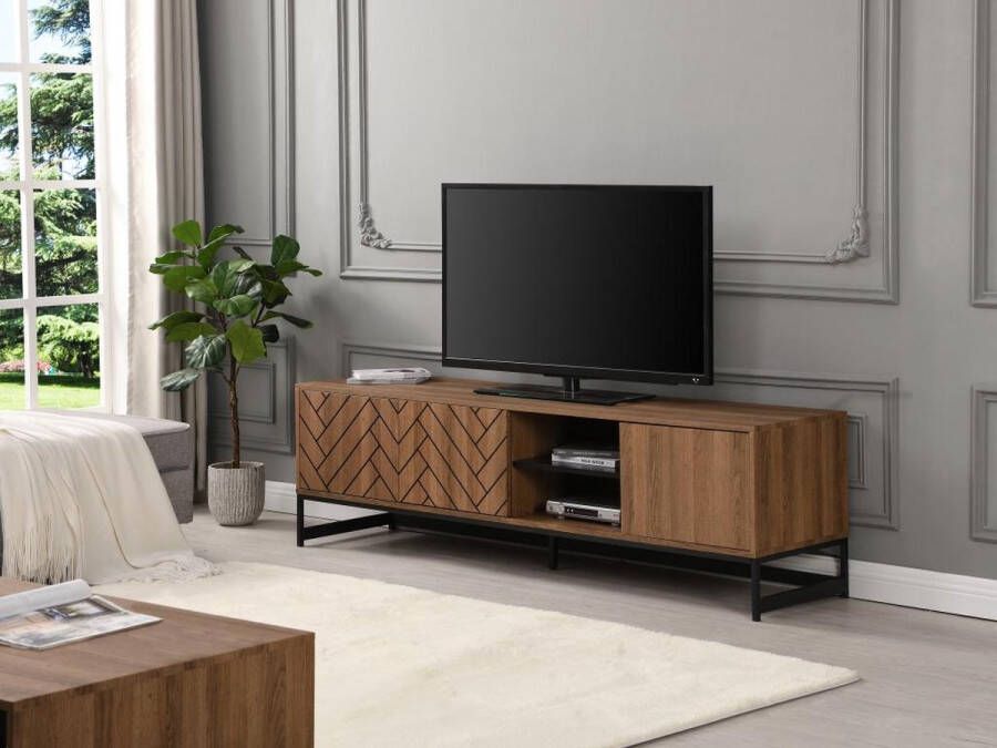 Vente-unique Tv-meubel met 3 deuren en 2 nissen Mdf Naturel en zwart CARATANA L 180 cm x H 50 cm x D 40 cm - Foto 3