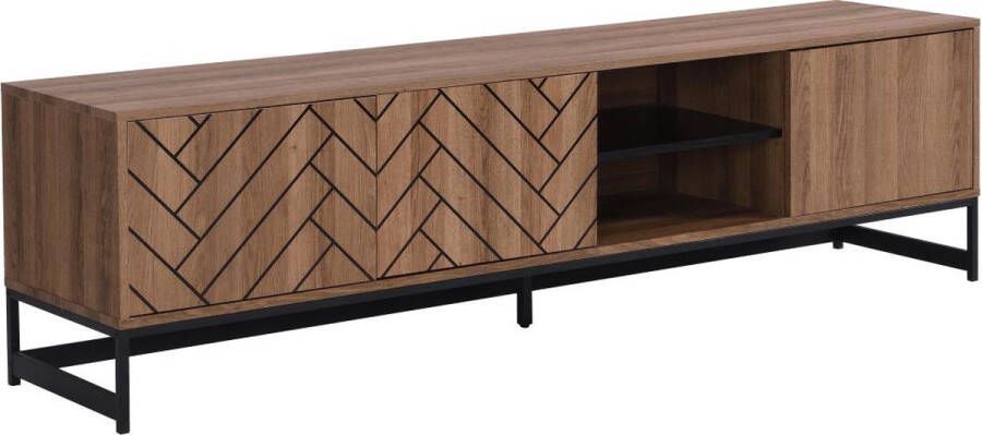 Vente-unique Tv-meubel met 3 deuren en 2 nissen Mdf Naturel en zwart CARATANA L 180 cm x H 50 cm x D 40 cm