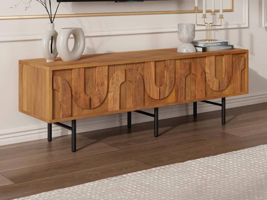 Vente-unique TV-meubel met 3 deuren van mangohout en zwart metaal Naturel MIZORAM L 160 cm x H 50 cm x D 40 cm - Foto 2