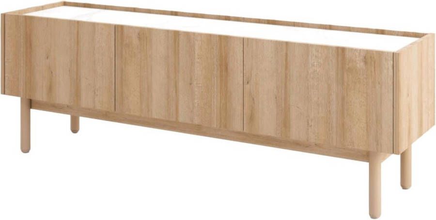 Tv-meubel met 3 deurtjes Licht naturel en wit marmereffect SITOLI L 144 cm x H 48 cm x D 37 cm