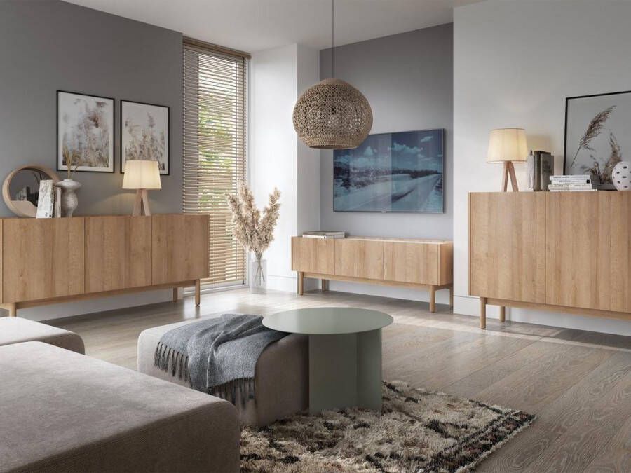 Vente-unique Tv-meubel met 3 deurtjes Licht naturel en wit marmereffect SITOLI L 144 cm x H 48 cm x D 37 cm