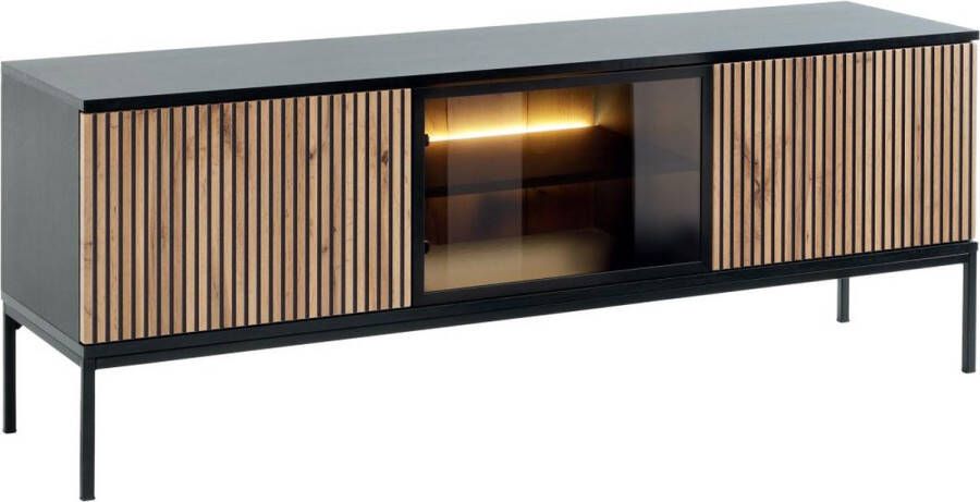 Tv-meubel met 3 deurtjes met ledverlichting van mdf en gerookt glas Zwart en naturel OVILA L 153.4 cm x H 56.2 cm x D 39 cm