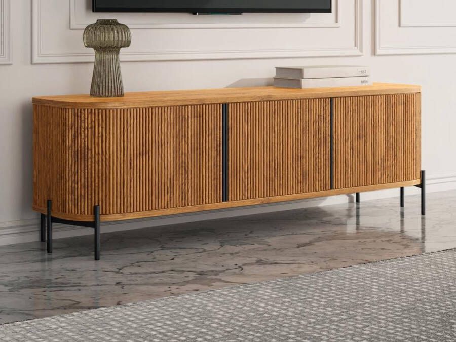 Vente-unique Tv-meubel met 3 deurtjes van mangohout en metaal Naturel en zwart BALIMELA L 159 cm x H 50 cm x D 41.6 cm - Foto 3