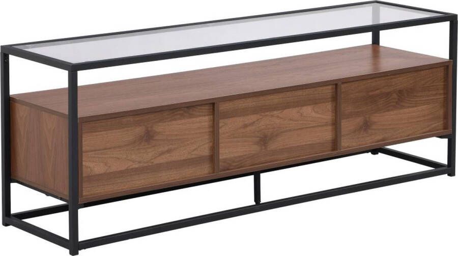 Vente-unique Tv-meubel met 3 lades van mdf gehard glas en metaal Donker naturel en zwart CAMATA L 150 cm x H 55 cm x D 40 cm - Foto 2