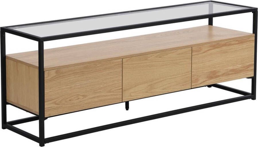 Vente-unique Tv-meubel met 3 lades van mdf gehard glas en metaal Licht naturel en zwart CAMATA L 150 cm x H 55 cm x D 40 cm