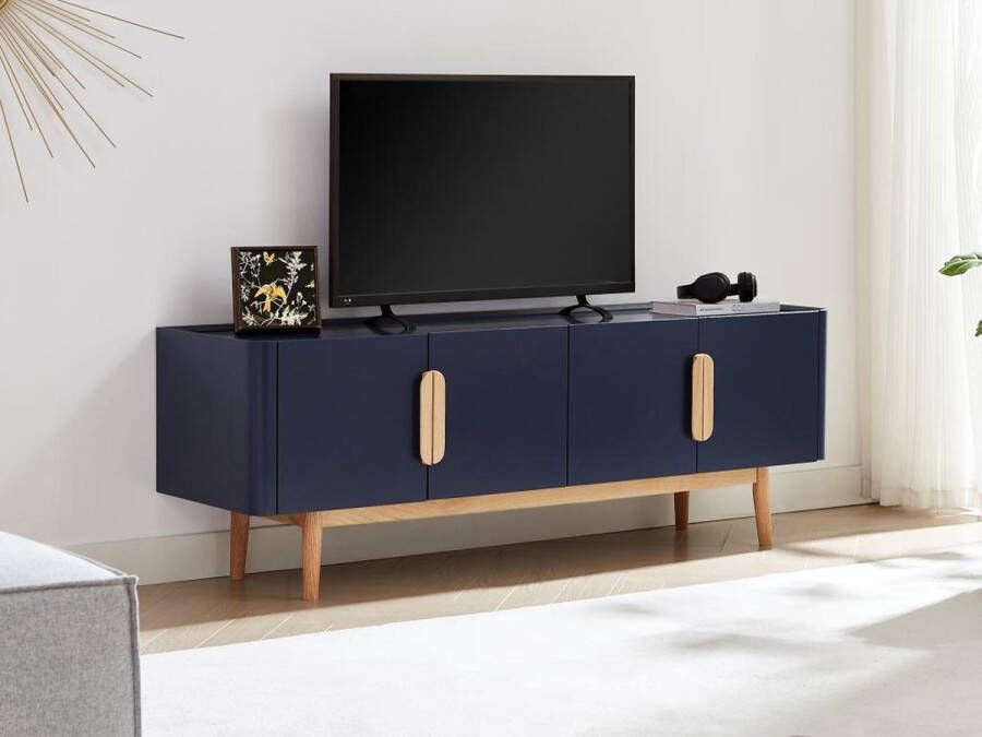 Tv-meubel met 4 deurtjes van mdf en hevea Blauw en licht naturel DUNELON L 160 cm x H 56 cm x D 42 cm