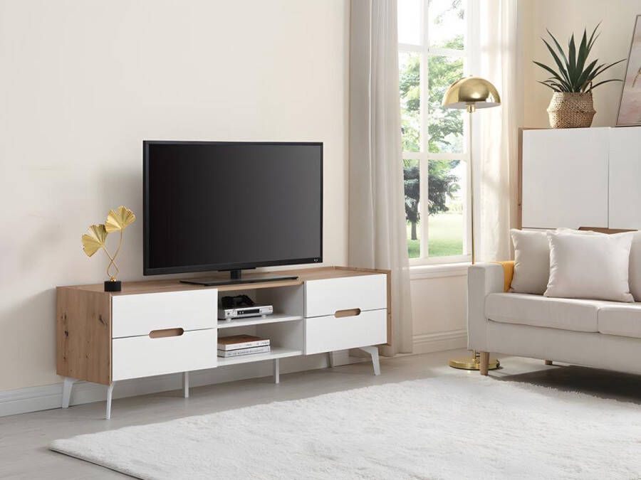 Vente-unique TV-meubel met 4 lades en 2 nissen MDF & metaal Witgelakt & naturelkleur CAYANA L 163 cm x H 52 cm x D 40 cm - Foto 1