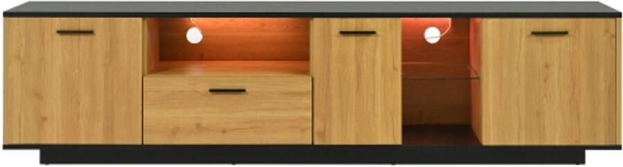 GOTAGEE TV-meubel met één lade drie deuren twee open vakken met glas TV-meubel TV-kast TV-dressoir. Zwart en natuurlijke houtkleuren. LED-lampjes