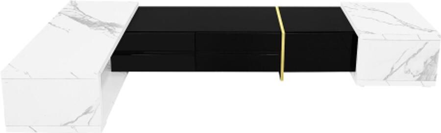 GOTAGEE TV-meubel met variabele lengte (140-260 cm) draaifunctie witte marmerlook zwarte hoogglans matte afwerking en gouden versieringen