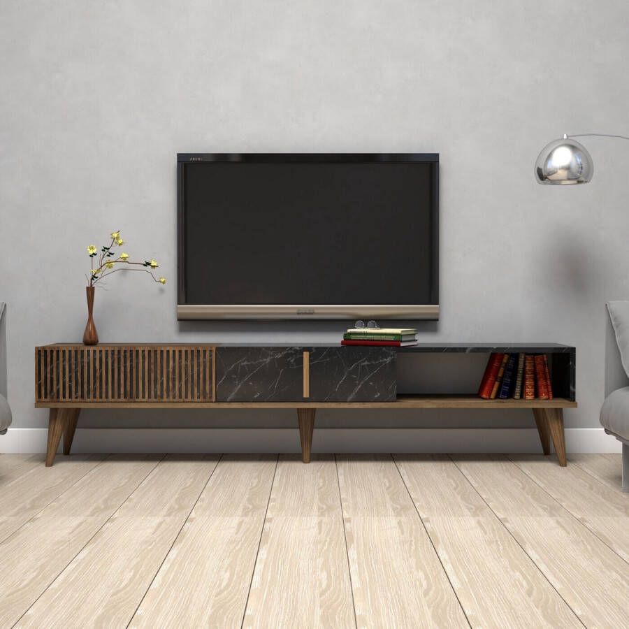 TV Meubel Milan in Walnoot Zwart Ruim Formaat van 180x180x180cm Stijlvolle TV-Kast