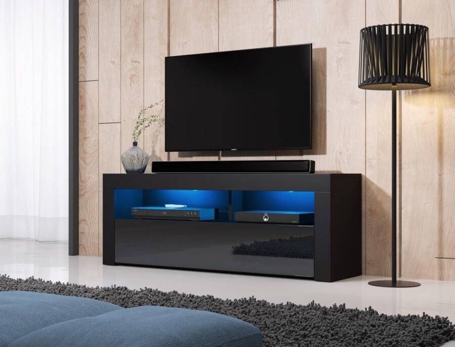 TV Meubel Modern & LED 140x33x55 cm – Hoogglans Zwart – Zwarte TVmeubel – Zwarte TV Kast