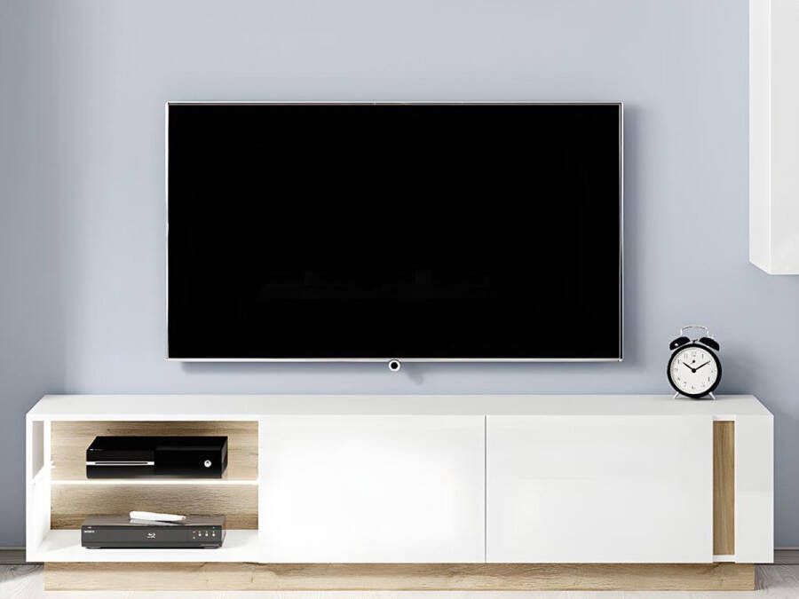 TV-meubel MURARI 2 deuren en 2 nissen met ledverlichting Hoogglans wit en eiken L 187.5 cm x H 45.5 cm x D 40 cm - Foto 2