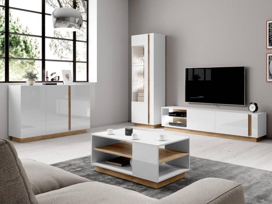 TV-meubel MURARI 2 deuren en 2 nissen met ledverlichting Hoogglans wit en eiken L 187.5 cm x H 45.5 cm x D 40 cm