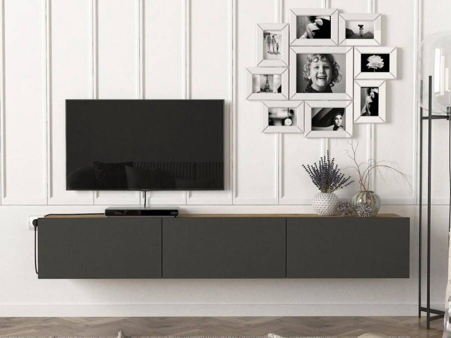 Vente-unique Tv-meubel om op te hangen met 3 deuren Antraciet en licht naturel VIKILA L 180 cm x H 29.5 cm x D 29.5 cm