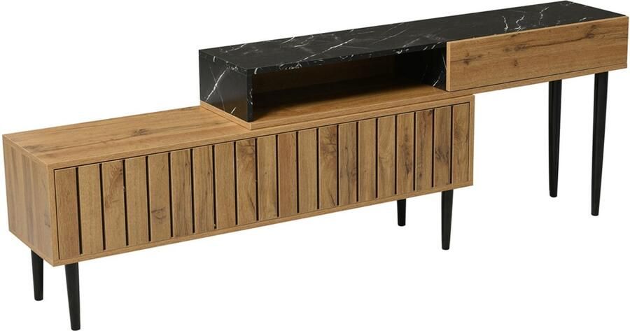 TV-meubel opbergkast geschikt voor 40-49 inch televisies met 1 open vak en 3 verborgen opbergvakken Marmerdesign gecombineerd met houtnerf 129x30x58 cm houtkleur